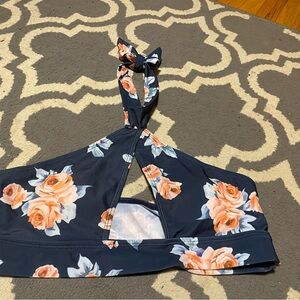 Navy Floral Halter Bikini Top with Peach Roses
